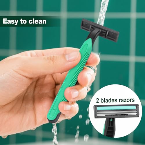 Disposable Twin Blade Razors in Bulk, Individually Wrapped - Clear Safety Cap, For Homeless, Hotel, Airbnb, Travel (pack of 400,green)
