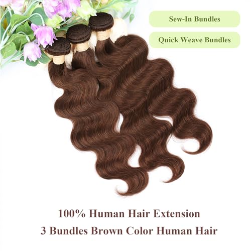 ALLRUN Brown Body Wave Bundles Human Hair 14 16 18 Inch Chocolate Brown Human Hair Bundles 12A 100% Unprocessed Remy Brazilian Virgin Hair Body Wave Human Hair Extension Color 4# Reddish Color