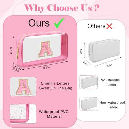 Personalized Initial Letter Clear Makeup Bag,Preppy Small Nylon&PVC Cosmetic Zipper Bag with Chenille Letter,Portable Beach Travel Skincare Toiletry Bag,Trendy Monogram Gift for Teen Girls Women,M