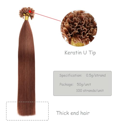 Curlable U-tip Human Hair Extensions 33# Copper Brown Keratin Nail Tip Hair Extension 100 Strands 0.5g/strands Straight Brazilian Remy Hair 24 Inch (60cm)
