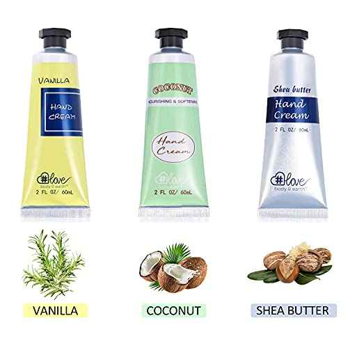 BODY & EARTH # LOVE Hand Cream Gift Set, Mothers Day Gifts for Mom Gifts, Natural Hand Cream with Vitamin E and Argan Oil for Dry Hands, 3x2.0 oz Travel Size Hand Lotion, Birthday Gifts for Women