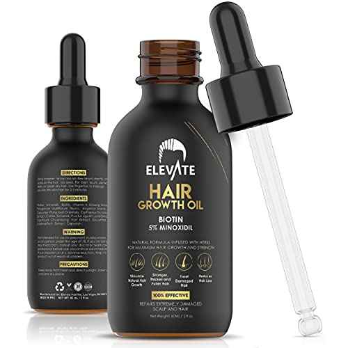 Elevate Hair Regrowth Treatment 5% Minoxidil Solution ? Biotin Serum Hair Growth Oil for Men & Women - Thicker Fuller Stronger Hair - Stops Hair Loss & Thinning - Natural Hair Thickening Treatment 2oz