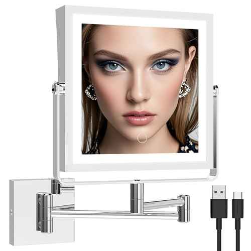 Ruacq Rechargeable Wall Mounted Makeup Mirror with Lights, Double Sided 1X/7X Magnifying Vanity Mirror with 3 Color Lighting, Touch Screen Dimmable, 360¡Æ Rotation Extension Foldable Arm(Chrome)