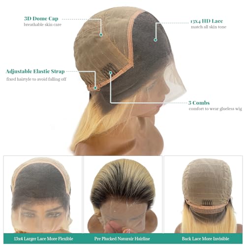 Munx Blonde Wear and Go Glueless Wig Human Hair 13x4 HD Lace Front Wigs for Women 180% Density Pre Plucked with Baby Hair Colored Straight Ombre Blonde 1b613 Lace Wigs 16 Inch