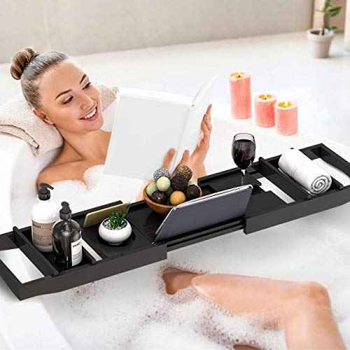 Domax Bathtub Caddy Tray Expandable Bamboo Tub Tray for Luxury Bath with Book Holder and Free Soap Dish Black