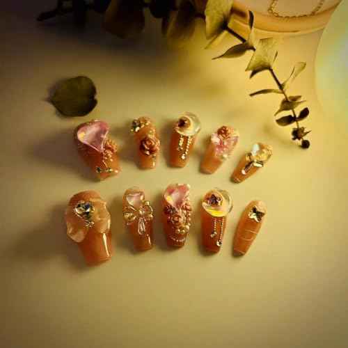 Generic Long false nails£¬Luxury & Custom Fake Nails, Hand-Painted Nails Design by Professional Nail Artist Salon Acrylic Nail Kit With Gift Box 10 PCS. (4-ÝÏßä?à´-M, г?), Pink Gemstone-M