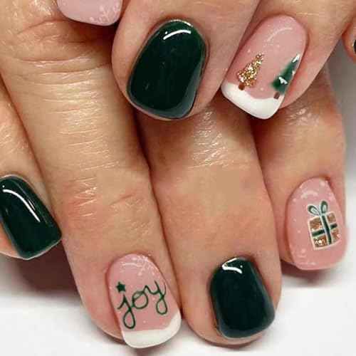 Christmas Green Press on Nails Short Square False Nails Christmas Tree Artificial Nails with Letter Design Winter Xmas Acrylic Nails Full Cover Glossy Coffin Nails Glue on Nails for Women