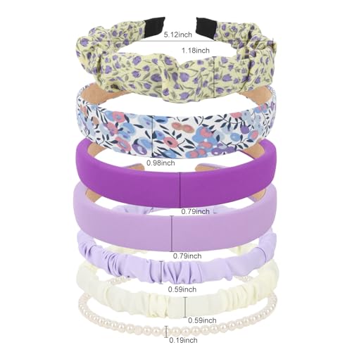 YISSION 7PCS Cute Headbands Set for Girls Women, Non Slip Pearl Headband Floral Head Bands Padded Hairbands, Purple White Headband, Hair Accessories for Girls Women