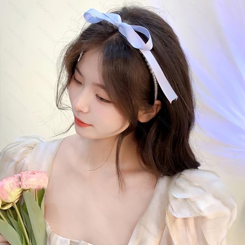 AUOCATTAIL 2 Pcs Pearl Bows Streamer Headbands French Retro Temperament Gentle Pink Bow Ribbon Hair Hoop Hair Accessories Headdress for Women Girls