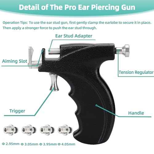 Professional Ear Piercing Gun Kit with 18 Pairs of CZ Stones Stud Earrings and Pro Black Ear Piercing Gun 8 Alcohol Pads for Salon and Home Use