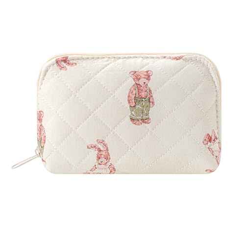 JOVAKIT Quilted Conch Shaped Makeup Bag Cosmetic Bag for Women, Floral Coquette Cotton Travel Makeup Case Toiletry Zipper Make Up Pouch, Travel Storage Organizer Stuff (Rabbit Bear)