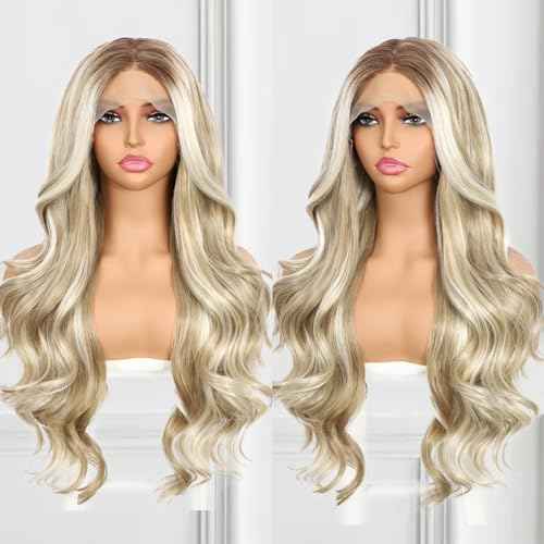 Highlight Blonde Lace Front Wig for Women 13x4 Body Wave Synthetic Wigs Balayage Pre-plucked Long Wavy Wig 150% Density Heat Resistant Hair Replacement Wigs 26 Inch