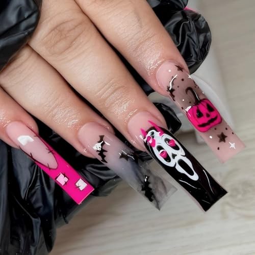 Halloween Long Press on Nails xl Coffin Fake Nail French Tip Ghost Faces Designs False Nails Press Ons Pink Pumpkin Stick on Nails Full Cover Artificial Nails Gift for Women 24pcs