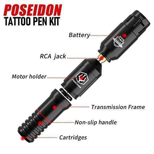 POSEIDON Cordless Rotary Tattoo Machine Kit with 20 Tattoo Cartridge Needles, Ink Set & 2 Rechargeable Batteries | Professional Portable Tattoo Gun for Beginners | Complete Starter Supplies