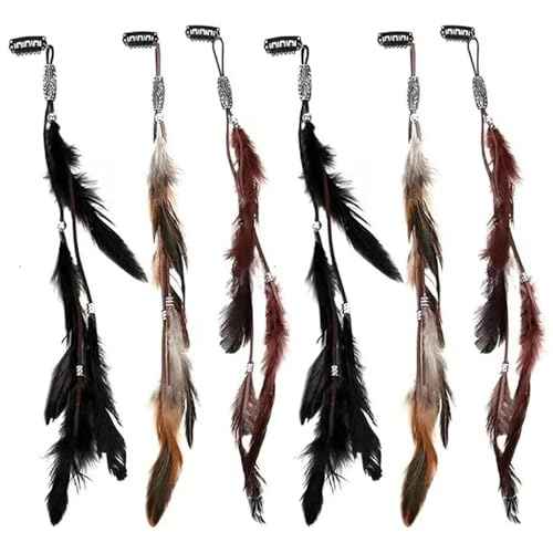 6PCS Hair Feathers Clip In, 14 Inch Hair Feathers Extensions with Braided Beads for Women Cosplay Costume Summer Extensions