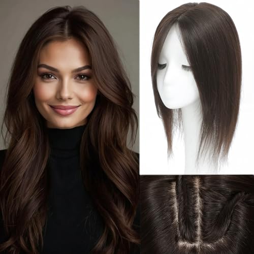Rootoo Hair Toppers for Women Real Human Hair, 16 Inch Realistic Biological Scalp Topper Hair Pieces for Women with Thinning Crown with Middle Part Clip in Bangs Big Base 360¡Æ Cover (Dark Brown)