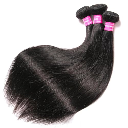 12A Straight Bundles Human Hair,Double Weft for Women 100% Unprocessed Brazilian Virgin Hair Extensions Natural Black 16 18 20 Inch 3 Bundles