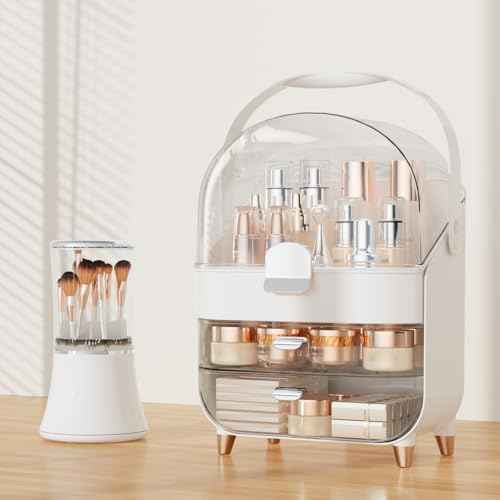 Makeup Organizer, skincare Organizers with Drawers and Lid, Makeup Organizer for Vanity with Handle for Vanity, Dresser, Bathroom Countertop, Christmas Gifts for Teen Girls Countertop(Silver)