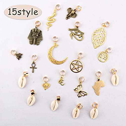 Messen 20 PCS Locs Braids Hair Cuffs 15 Styles Vintage African Pendant Charms Butterfly Shell DIY Hair Accessories (Bronze and Gold)