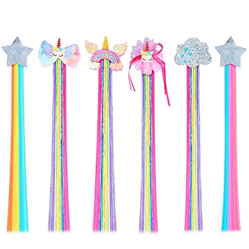 Little World Hair Clips for Girls, 6 Pcs Rainbow Hair Extensions, Unicorn Hair Clips for Girls Toddler Kids Ponytails, Hand-made Cute Glitter Hair Accessories