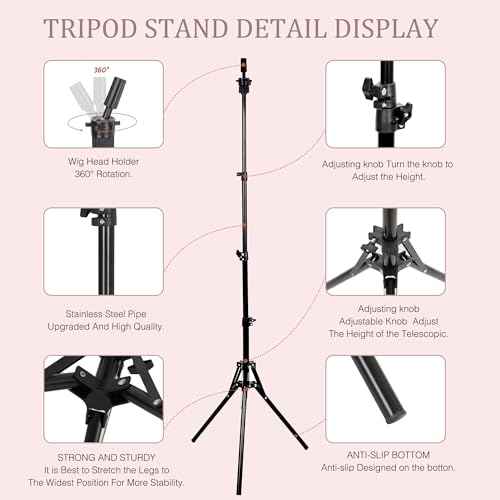 22'' Canvas Wig Head with 61'' Adjustable Tripod Stand, Mannequin Head Set for Styling, Display ? Includes Caps, Elastic Bands, Stand & Tool Kit for Beginners and Professionals