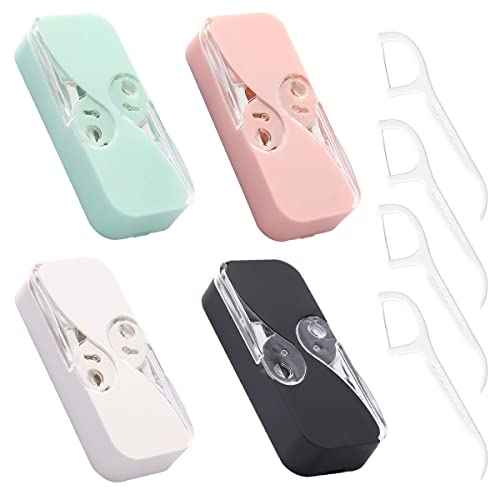 [4 Pack] Portable Floss Dispenser with 48 Dental Floss, Flosser Storage Box for Adults, Tooth Picks Holder Suitable for Tourism and Business Trips, White+Black+Pink+MintGreen