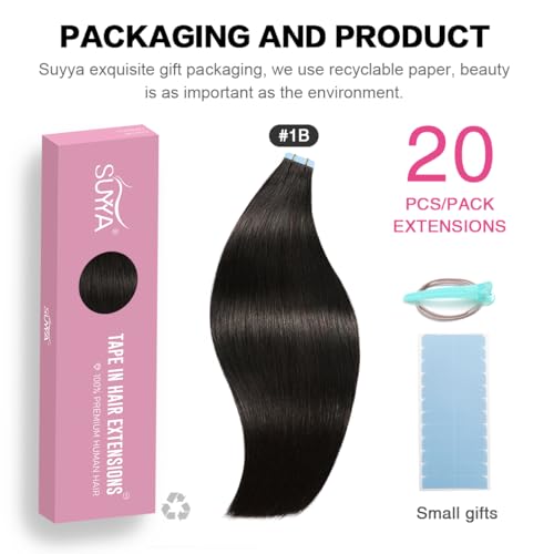 SUYYA Tape in Hair Extensions Human Hair 100% Remy Human Hair Natural Black 50g/pack 20pcs Straight Seamless Skin Weft Tape Hair Extensions(22 inches #1B Off Black)