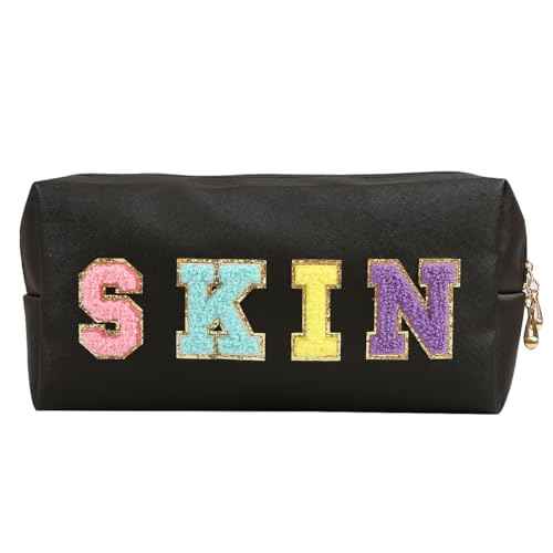 Preppy Patch Makeup Bag Chenille Letter Cosmetic Pouch, Waterproof Zipper Skincare Toiletry Travel Organizer For Women Girls, Cute Aesthetic Trendy Clutch Stuff Gifts (Black-Skin)