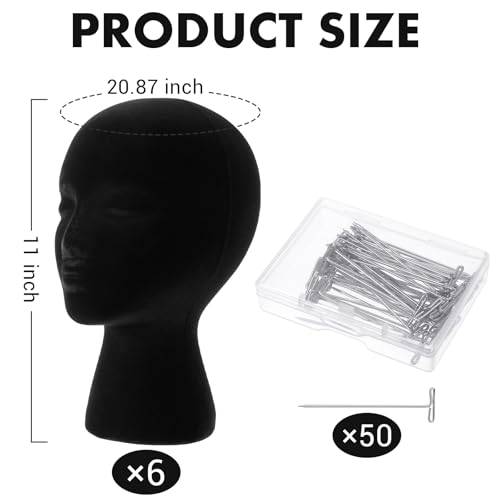 Gisafai 6 Pcs Foam Wig Head with 50 Pcs T Pins Female Foam Mannequin Wig Stand and Holder 11 Tall Cosmetics Model Head Display Hair, Hats Hairpieces Display for Home Travel Salon(Black)