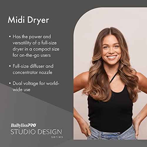 Compact Midi Hair Dryer, 1000 watts, Great for Travel or touchups, Includes Diffuser and Concentrator