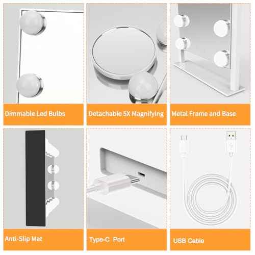Vanity Mirror with Lights, Hollywood Lighted Makeup Mirror with 3 Color Lighting Modes and 12 Dimmable Bulbs, Detachable 5X Magnification, Smart Touch Control, 360¡ÆRotation, White