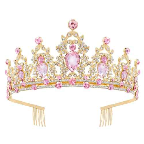 Gold Crown for Women, Fufuddz Pink Crystal Tiara Princess Tiaras Queen Crowns with Combs Quinceanera Birthday Bridal Wedding Prom Party Halloween Headband Christmas Hair Accessories 15th 16th