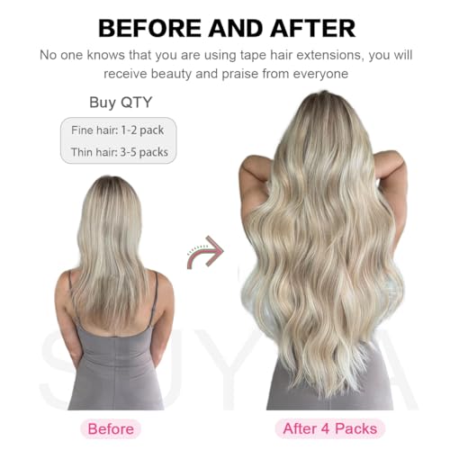 SUYYA Tape in Hair Extensions Human Hair 100% Remy Human Hair Natural Black 50g/pack 20pcs Straight Seamless Skin Weft Tape Hair Extensions(22 inches #1B Off Black)