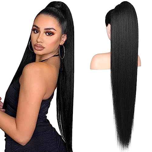 FLUFYMOOZ ponytail extension, 36 Inch Long Straight Drawstring Ponytail Synthetic Hairpieces Fake Pony Tails Natural Soft Clip in Hair Extension ponytail for Women (Jet Black)