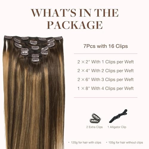 GOO GOO Clip in Hair Extensions Real Human Hair, Remy Human Hair Extensions Clip ins for Women, Natural Human Hair, 18inch 120g 7Pcs, 4/27/4 Balayage Chocolate Brown to Caramel Blonde