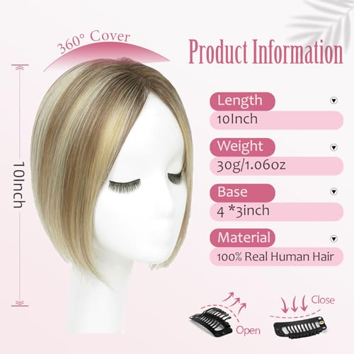Hair Toppers for Women Upgrade Swiss Lace Base Human Hair Topper with No Bangs 360¡Æ3D Cover Fake Bangs Hair Topper with Thinning (Ombre Light Brown with Blond Highlight)