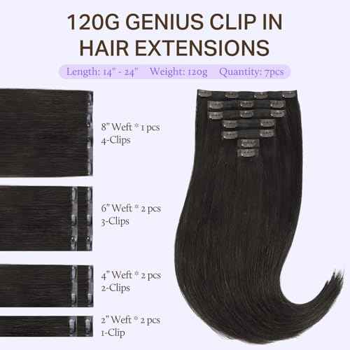 DOORES Human Hair Extensions, Natural Black 16 Inch 7 pcs 120g, Genius Seamless Clip in Hair Extensions with Invisible Weft and Straight Invisi Edge