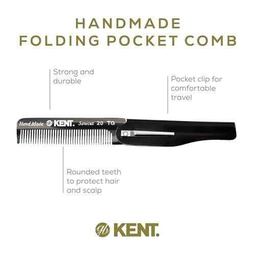 Kent 20T Black Graphite Handmade Folding Pocket Comb for Men, Fine Tooth Hair Comb Straightener for Everyday Grooming Styling Hair, Beard or Mustache, Use Dry or with Balms, Saw Cut, Made in England
