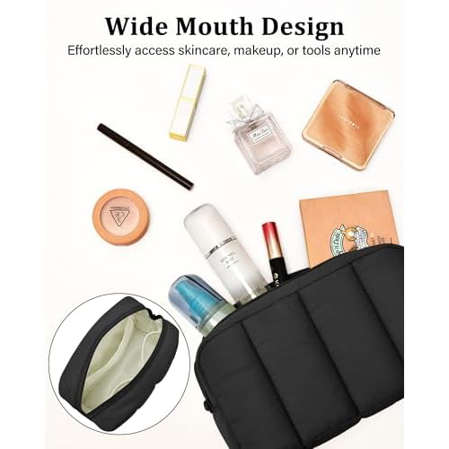 oscaurt 2 Pcs Makeup Bag Travel Toiletry Bag for Women Puffy Padded Cosmetic Pouch Purse Wide-open Makeup Organizer Case Travel Essentials