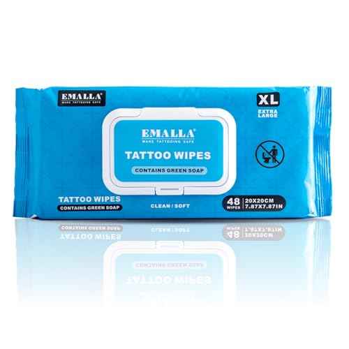 Emalla Green Soap Tattoo Wipes, 48 Count XL All in One Premium Cleaning Wipes to Clean Skin During Tattooing and Aftercare 7.87"x7.87" Natural Formula Tattoo Supplies