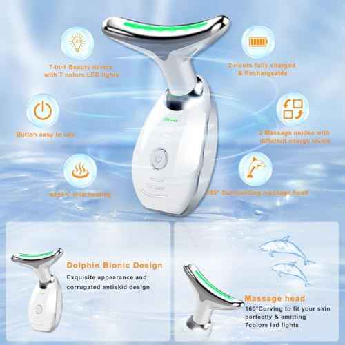 Facial Beauty Device, Face Massager Tool for Skin Care, Based on Triple Action LED, Thermal, and Vibration Technologies, Red and Blue LED Light, 7 Color Led Face and Neck Massager for Home Use