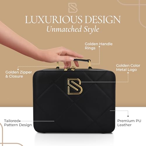 BAREZ Premium PU Leather Makeup Bag With LED Mirror - 3 Brightness Mirror Light Settings - Adjustable Dividers - Removable Mirror Waterproof Cosmetic Travel Bag (Black)