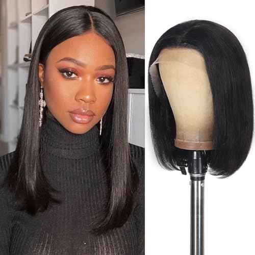 Bob Wigs Human Hair 13x4 HD Transparent Lace Front Wigs for Black Women Glueless Straight Bob Wigs 180% Density Frontal Human Hair Bob Pre Plucked Pre Cut Natural Hairline 16 Inch