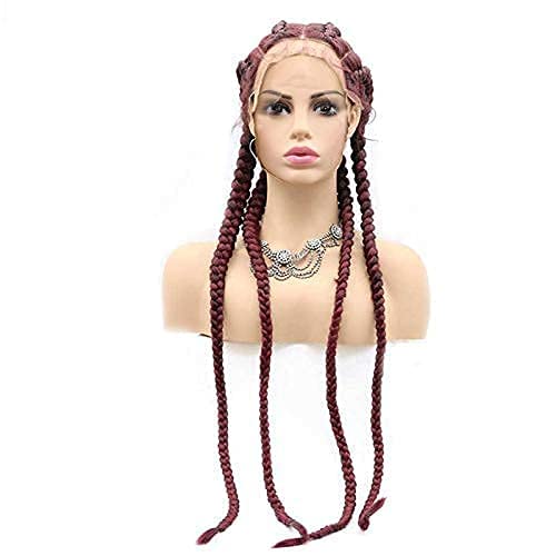 99J Red Braided Wigs for Black Women Long Straight Glueless Synthetic Lace Front Wigs Pre Plucked Hairline Knotless Box Braided Lace Front Wig with Baby Hair Heat Resistant Cosplay Drag Queen 30Inch