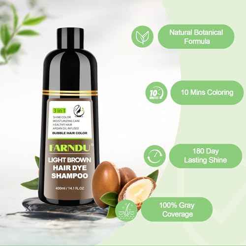 FARNDU Light Brown Hair Dye Shampoo 3 in 1 with Argan Oil ? 10-15 Min Gray Coverage, Natural Instant Hair Color Shampoo for Women and Men, Long-Lasting Up to 6 Months