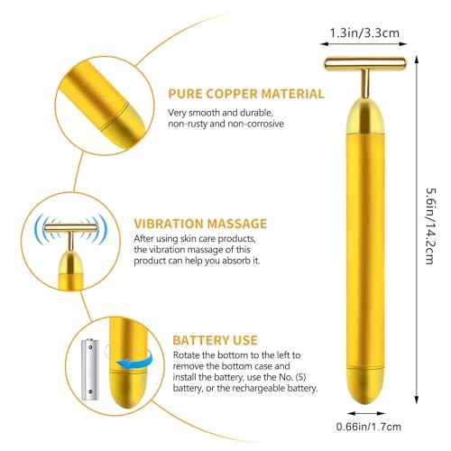 Aubric Face Massager Electric Beauty Bar 24k Golden Facial Massage Tool, T-Shape Electric Vibrating Wand Face Neck Skin Firming Lifting Tighting Wrinkles Reducing Body Treatment Anti Aging Device