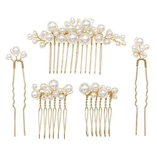 Wedding Pearl Hair Combs Set of 5 Pieces - Prom Hair Pins Accessories for Bridal Women (Gold)