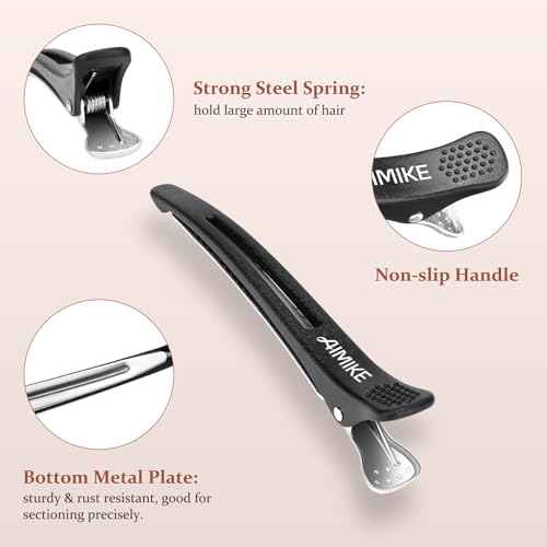 AIMIKE 6pcs Professional Hair Clips for Styling Sectioning, Non Slip No-Trace Duck Billed Hair Clips with Silicone Band, Salon and Home Hair Cutting Clips for Hairdresser, Women, Men - Black 4.3¡± Long
