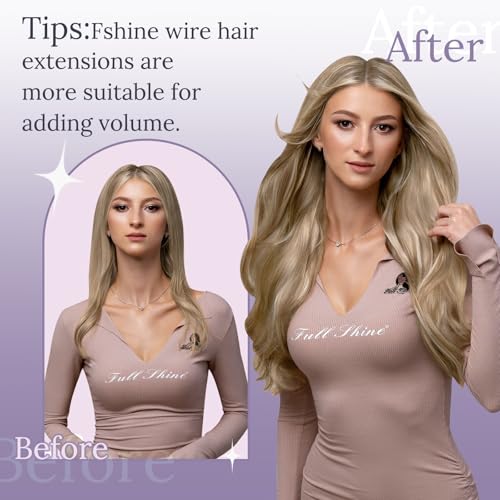 Fshine Invisible Wire Hair Extensions 16 Inch Golden Blonde Highlight Light Blonde Secret Hairpiece Adjustable Fish Line Wire Extensions Clip ins Straight Remy Hair 80 G