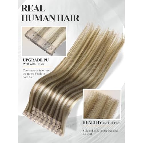 Micro Bead Weft Hair Extensions PU Invisible Weft Human Hair Extensions Seamless Real Human Hair Highlight Blonde 9A/P60 Dual-Use No Tape in Weft in Hair Extension for Women(40g 4Pcs,22 Inch)